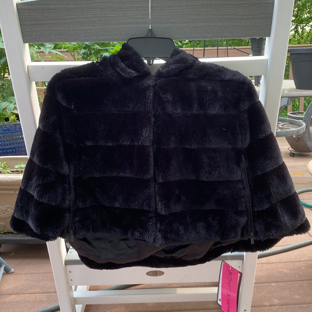 Betsey Johnson Hooded Faux Fur Shrug in Black NWT